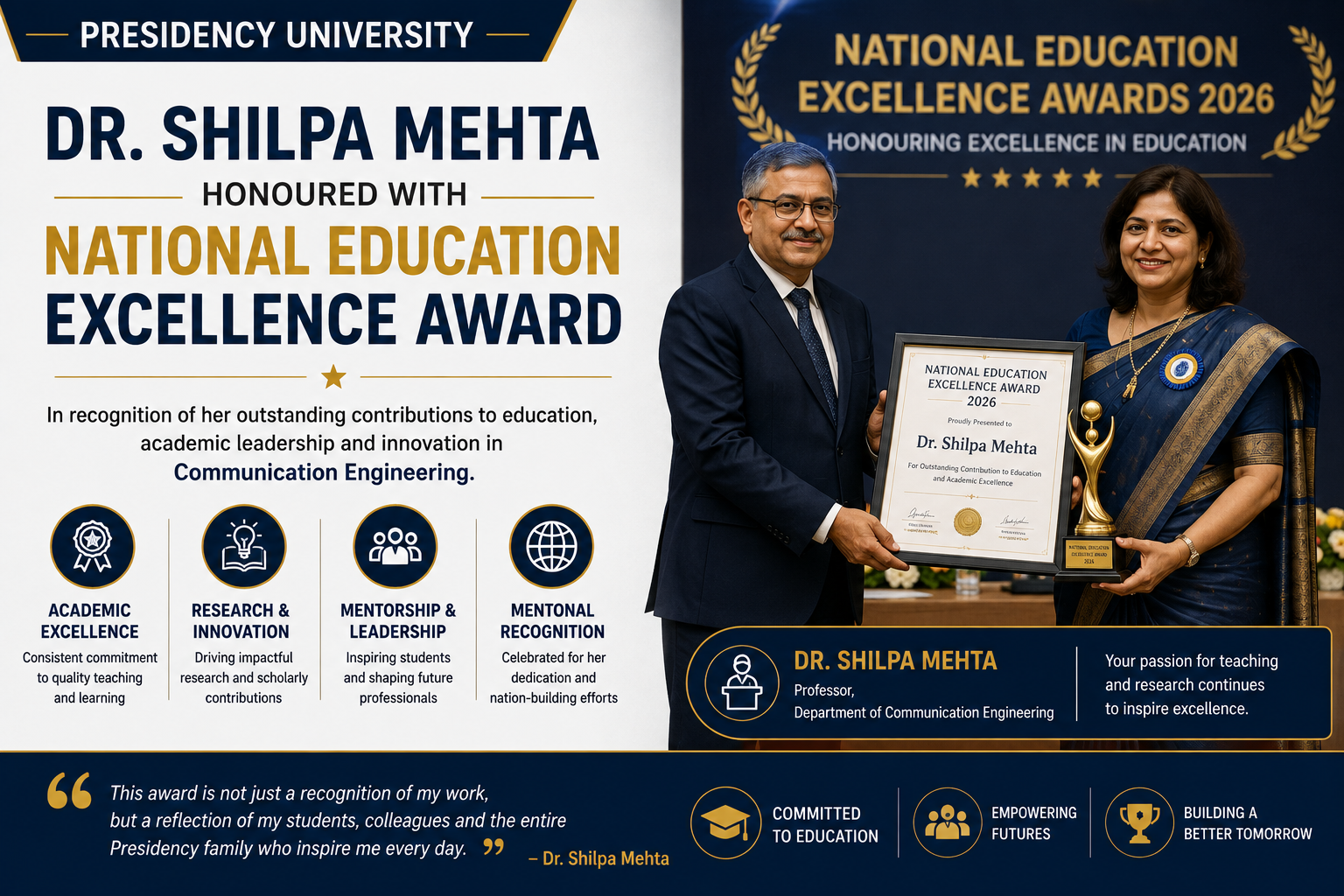 Dr. Shilpa Mehta Honoured with National Education Excellence Award